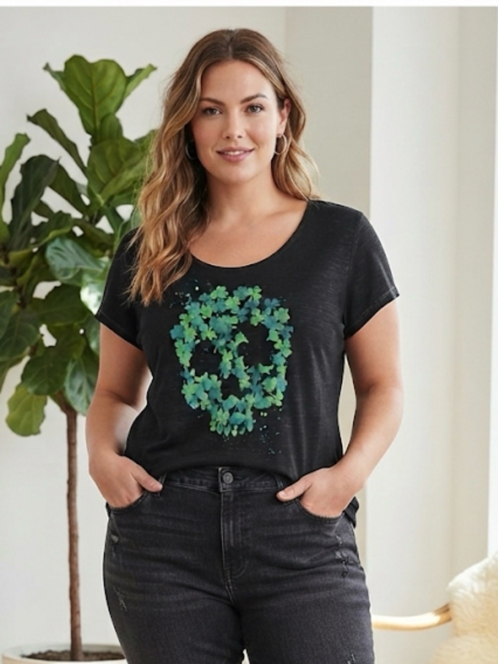 Rocker Girl Sheer Black Graphic T-Shirt XL Skull Clover Print Lightweight Tee